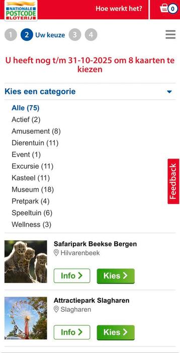 8 kaarten voor een uitstap naar keuze beschikbaar voor biedingen
