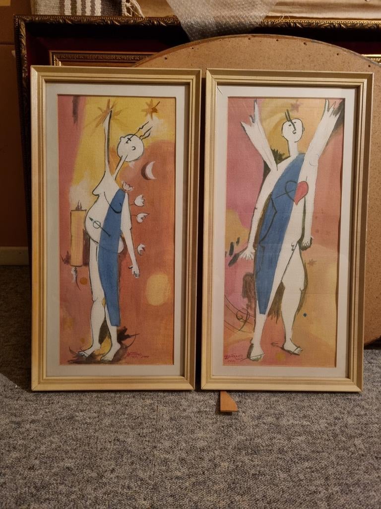 Schilderijtjes 2-luik, 31x60 cm, Abstract, Antiek en Kunst, Kunst | Schilderijen | Klassiek, Ophalen of Verzenden