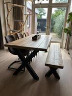 Steigerhouten eettafel met bankje en stoelen, Ophalen, Vijf personen of meer, Rechthoekig, 50 tot 100 cm