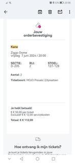 Kane Tickets 7 Juni, Tickets en Kaartjes, Twee personen