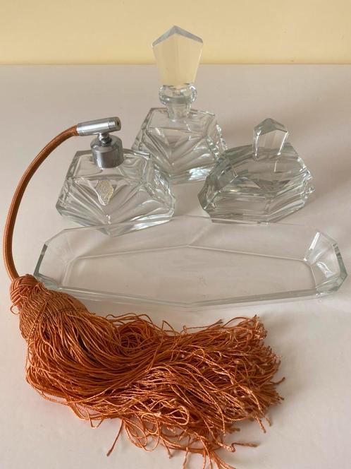 Antieke Art Deco Parfum Set - Glas & Kwastje - 4 Delig Setje, Antiek en Kunst, Antiek | Glas en Kristal, Ophalen