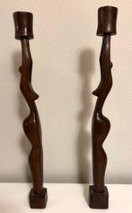 2 houten kandelaars afrikaanse vrouwen, Verzenden, Zo goed als nieuw, Hout, Bruin
