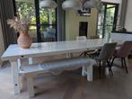 Tien persoons houten eettafel 330 x 110 x 75 cm met bankjes, Ophalen, Eikenhout, 200 cm of meer, 50 tot 100 cm