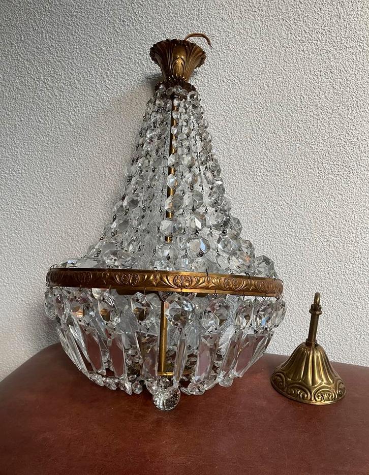Zakkroonluchter met kristallen pegels en messing frame, Huis en Inrichting, Lampen | Kroonluchters, Gebruikt, Ophalen of Verzenden