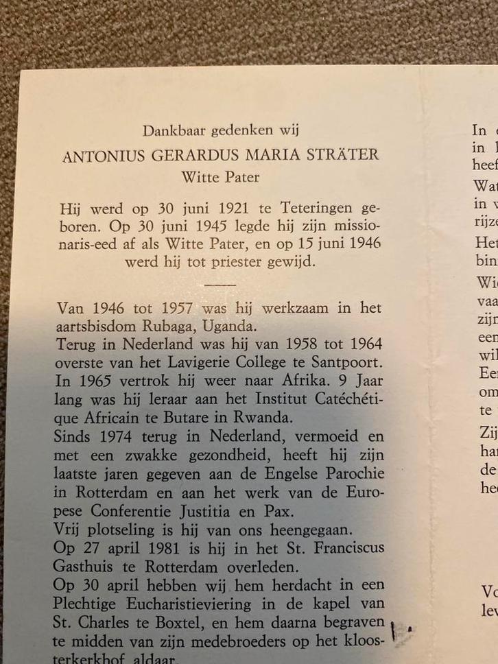 Witte pater Afrika Sträter Teteringen Boxtel Santpoort, Verzamelen, Bidprentjes en Rouwkaarten, Ophalen of Verzenden