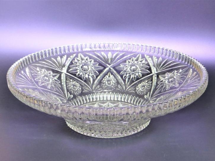Fruitschaal schaal antiek helder glas gravering rond 33 cm, Antiek en Kunst, Antiek | Schalen, Ophalen of Verzenden