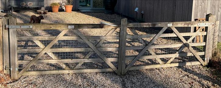 Eiken/Kastanje Veldhek - 428cm (2 delen), inclusief beslag, Tuin en Terras, Tuinhekken en Hekwerk, Gebruikt, Tuinhek, Hout, Ophalen