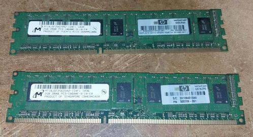 MICRON 2x 2GB PC3-10600E DDR3-1333 UNBUFFERED ECC 2RX8, Computers en Software, RAM geheugen, Zo goed als nieuw, DDR3, Ophalen of Verzenden