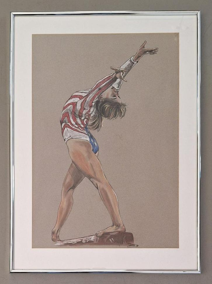 pastel-krijt schilderij Kathy Johnson evenwichtsbalk 51x71cm, Antiek en Kunst, Kunst | Schilderijen | Modern, Ophalen of Verzenden