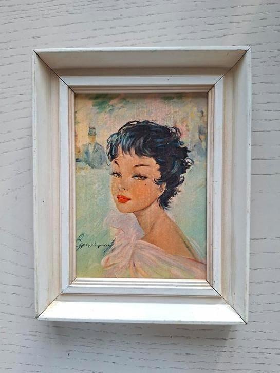 Vintage prent van Française in lijstje/ jaren '60, Huis en Inrichting, Woonaccessoires | Schilderijen, Tekeningen en Foto's, Zo goed als nieuw