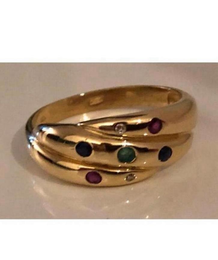 Prachtige 14 krt gouden brede ring + briljant & edelsteen, Sieraden, Tassen en Uiterlijk, Ringen, Zo goed als nieuw, Dame, Kleiner dan 17