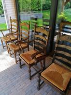 Eiken stoelen met armleuning rieten zitting, Huis en Inrichting, Stoelen, Ophalen, Gebruikt, Bruin, Vier