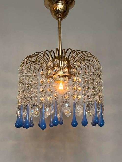 Vintage opaline blauwe kroonluchter hanglamp kristal peges, Huis en Inrichting, Lampen | Kroonluchters, Ophalen of Verzenden