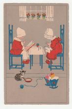 Meisjes.  Lezen en handwerken.  Poezen.   Kinderen, Ophalen of Verzenden, 1920 tot 1940, Gelopen, Overige thema's