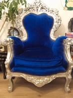 Brocante barok stoel of troon blauw fluweel, Gebruikt, Ophalen