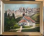 Olieverfschilderij – Alpenlandschap met kerk gesigneerd M. K, Verzenden