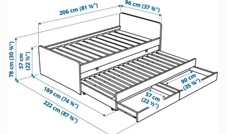 IKEA Slakt uitschuifbed met lades en matras, Huis en Inrichting, Slaapkamer | Bedden, Gebruikt, Eenpersoons, 90 cm, 200 cm, Hout