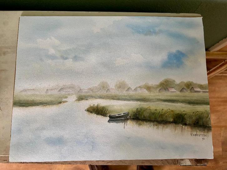 Ingelijste aquarel – Polderlandschap – Thorstede, Huis en Inrichting, Woonaccessoires | Schilderijen, Tekeningen en Foto's, Schilderij