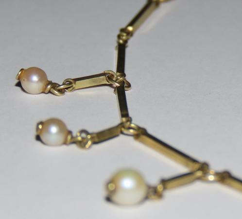 Antieke gouden staafjes ketting met parels, 14 karaat, Sieraden, Tassen en Uiterlijk, Antieke sieraden, Ketting, Goud, Met edelsteen
