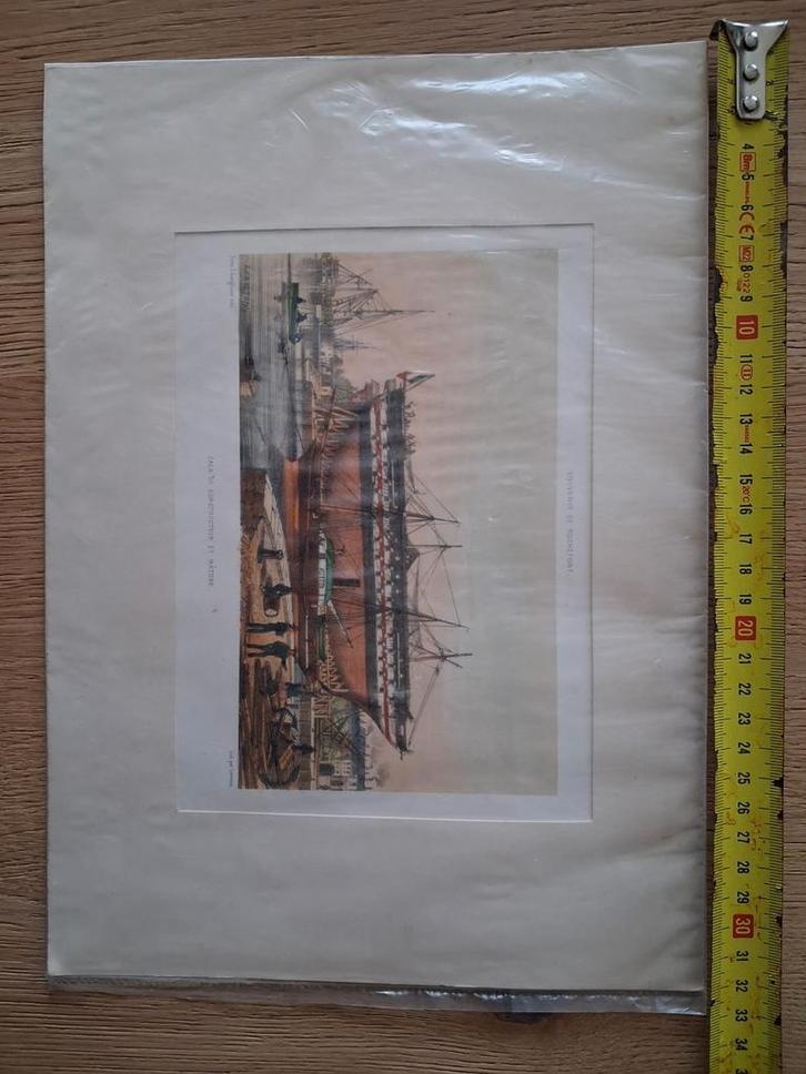 Originele Litho: Scheepsbouw te Rochefort, Antiek en Kunst, Kunst | Etsen en Gravures, Ophalen of Verzenden