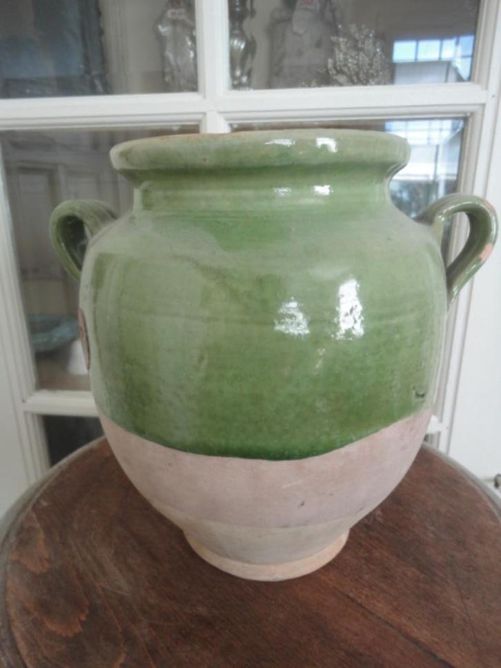 antieke FRANSE CONFITPOT met OREN, GROENE GLAZUUR/ 2 kleurig, Antiek en Kunst, Antiek | Woonaccessoires, Ophalen of Verzenden