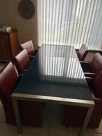 Glazen eettafel met 6 leren stoelen, Ophalen, Zo goed als nieuw