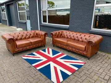 Stoere Chesterfield 3+2 banken vintage cognac GRATIS BEZORGD beschikbaar voor biedingen