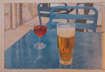Litho - glas bier en wijn - lijst - Wie herkent kunstenaa beschikbaar voor biedingen