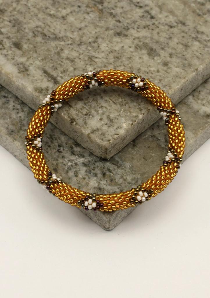 Glaskralen armband - wit, paars en goud - RB114, Sieraden, Tassen en Uiterlijk, Armbanden, Nieuw, Overige materialen, Overige kleuren