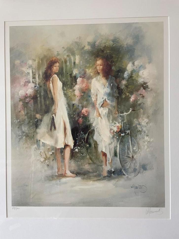 Litho Willem Haenraets handgesigneerd 2 vrouwen met fiets, Antiek en Kunst, Kunst | Litho's en Zeefdrukken, Ophalen