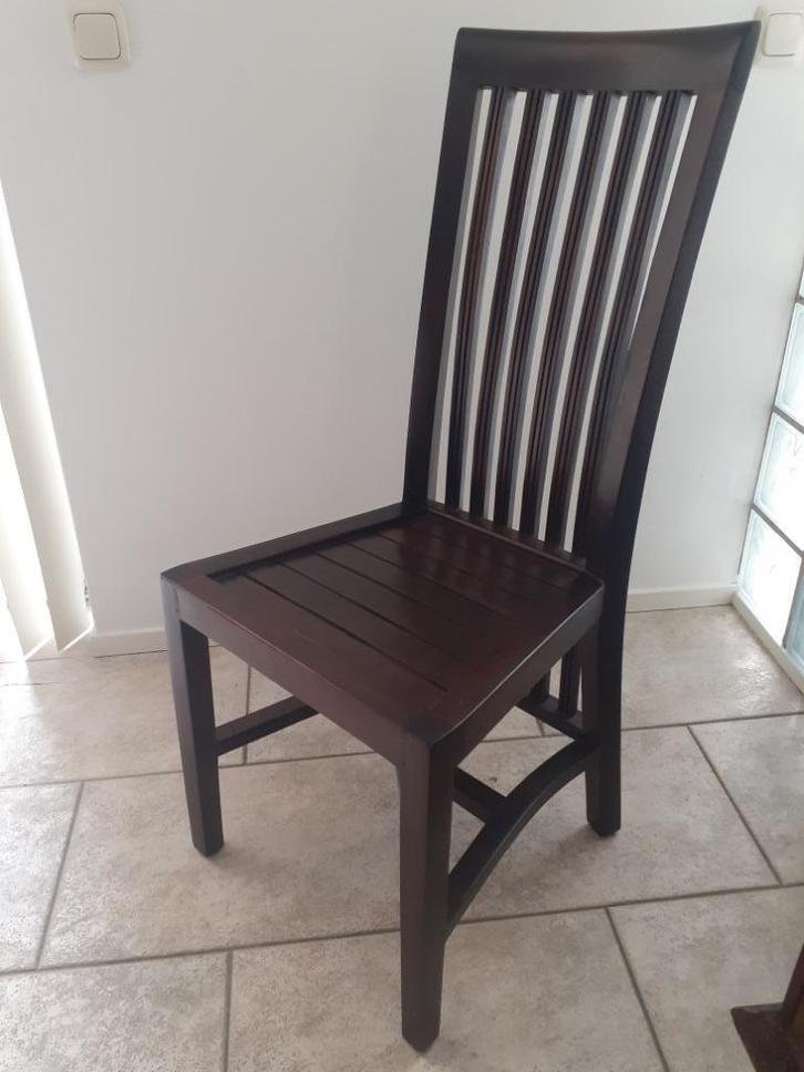 Koloniale eetkamerstoel donkerbruin teak met kussen, Huis en Inrichting, Stoelen, Gebruikt, Vijf, Zes of meer stoelen, Hout, Bruin