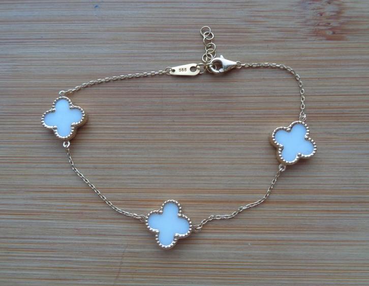 14 karaat gouden 585 armband met parelmoer klavertjes [276], Sieraden, Tassen en Uiterlijk, Armbanden, Zo goed als nieuw, Goud