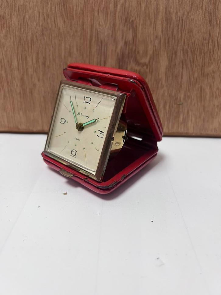 Vintage Blessing reiswekker 7 rubis – West Germany – leer, Antiek en Kunst, Antiek | Klokken, Ophalen of Verzenden