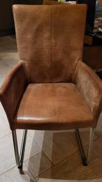4x Stijlvolle bruine lederen eethoekstoel met armleuningen, Huis en Inrichting, Stoelen, Ophalen, Gebruikt, Bruin, Metaal