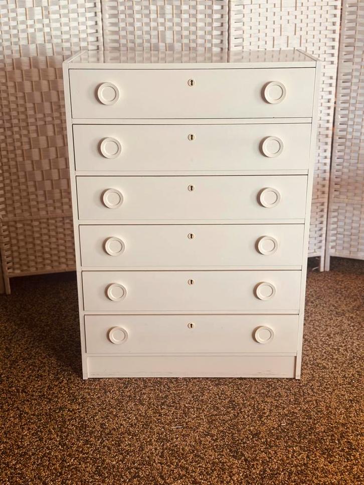 Vintage ladekast Deens Tallboy wit, Huis en Inrichting, Kasten | Ladekasten, Gebruikt, 100 tot 150 cm, 50 tot 100 cm, 25 tot 50 cm