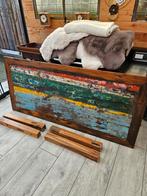 Eettafel Hardhout 2m van visserbootjes bali en 2 stoelen, Ophalen, 50 tot 100 cm, Zo goed als nieuw, Vijf personen of meer