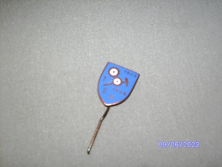 speld blauw emaille 2 tandrad hamer 1906 - 1958 T S H  wie ?, Verzamelen, Speldjes, Pins en Buttons, Gebruikt, Speldje of Pin