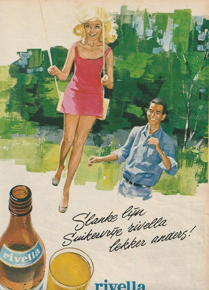 retro reclame 1969 Rivella frisdrank vrouw op de schommel, Verzamelen, Retro, Overige typen, Verzenden