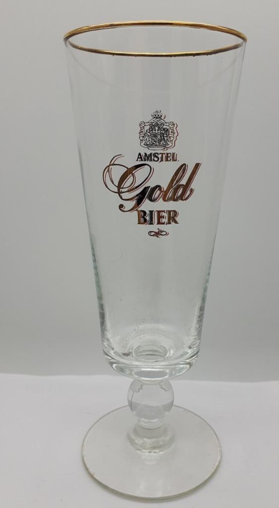 Amstel Gold Bier Glas op voet met druppelsteel, Verzamelen, Biermerken, Gebruikt, Glas of Glazen, Amstel, Ophalen of Verzenden