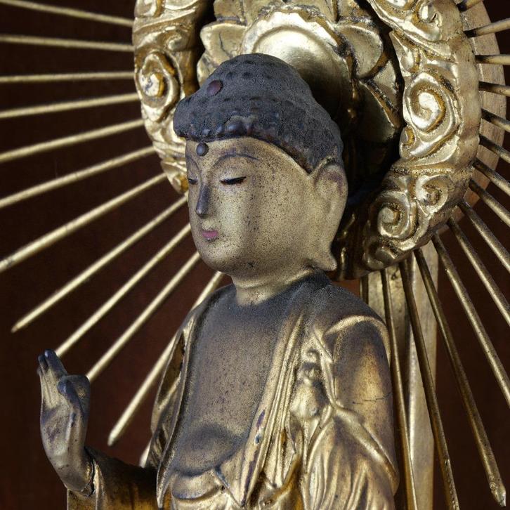 Antiek verguld houten Boeddha Japan met kast 1868-1912, Antiek en Kunst, Kunst | Niet-Westerse kunst, Ophalen of Verzenden