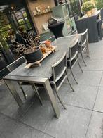 Buitentafel graniet / RVS met 6 bijpassende stoelen, Ophalen, Gebruikt, Rechthoekig, Metaal