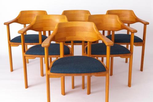 Set van Deense Armstoelen van Ansager Møbler – Jaren 60/80s, Huis en Inrichting, Stoelen, Zo goed als nieuw, Eén, Hout, Stof, Blauw