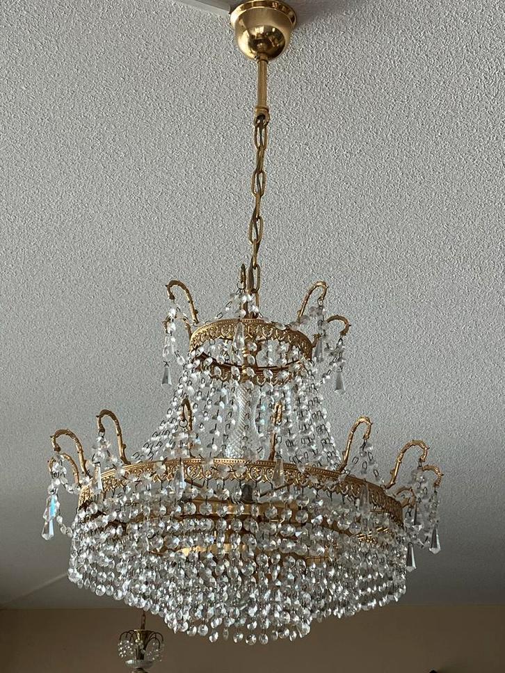 Vintage Messing Zakkroonluchter met Kristallen, Huis en Inrichting, Lampen | Kroonluchters, Gebruikt, Metaal, Ophalen of Verzenden