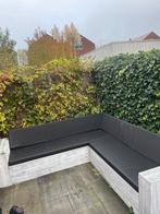 Steigerhouten Hoekbank met Buitenkussens, 4 zitplaatsen, Gebruikt, Steigerhout, Ophalen of Verzenden