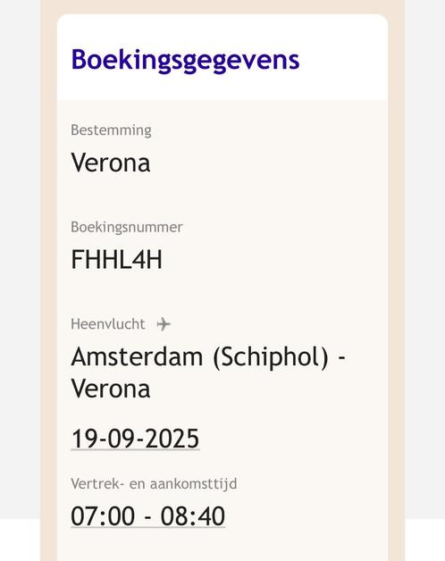 Vliegticket Amsterdam - Verona (retour 19-9 en 21-9), Tickets en Kaartjes, Trein, Bus en Vliegtuig, Eén persoon, Met bestemming of datum