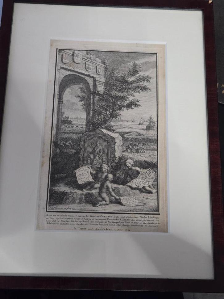 Gravure  'Allegorie op de provincie Zeeland', 1753., Antiek en Kunst, Kunst | Schilderijen | Klassiek, Ophalen