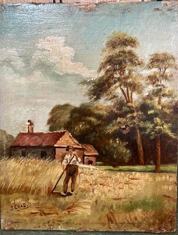 Olieverf Gesigneerd J. Eras op plankje landarbeider beschikbaar voor biedingen