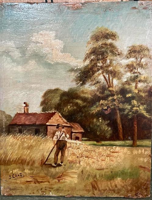 Olieverf Gesigneerd J. Eras op plankje landarbeider, Antiek en Kunst, Kunst | Schilderijen | Klassiek, Verzenden