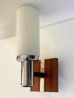 Vintage wandlamp teak en chroom 1960, Huis en Inrichting, Lampen | Wandlampen, Verzenden, Gebruikt, Glas, Retro