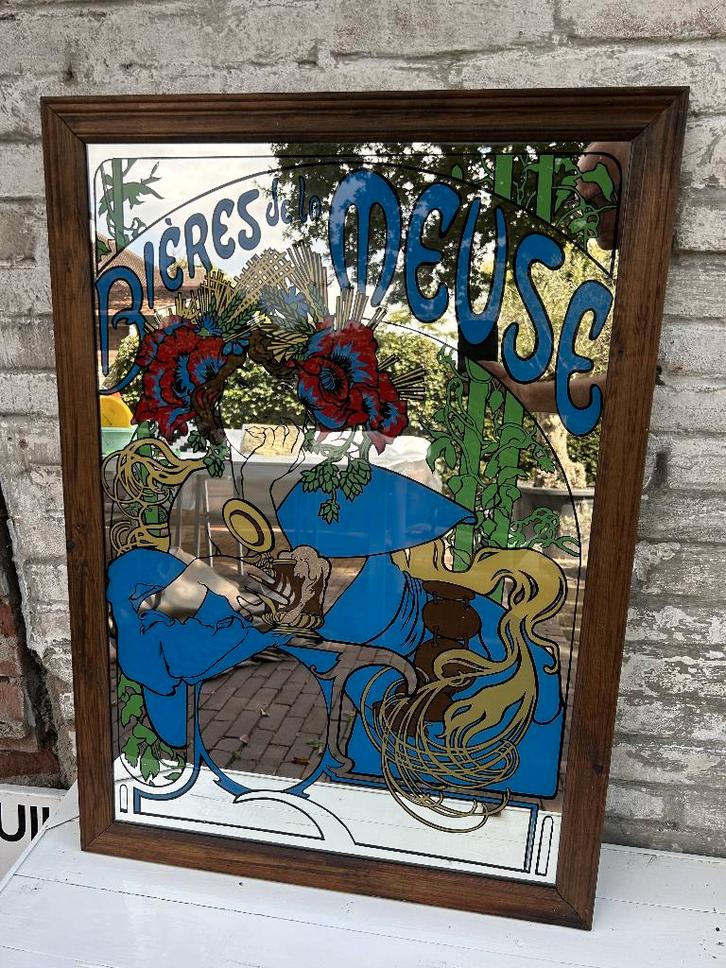 Bierreclame spiegel vintage Jugendstil "Bières de la Meuse", Verzamelen, Biermerken, Zo goed als nieuw, Reclamebord, Plaat of Schild